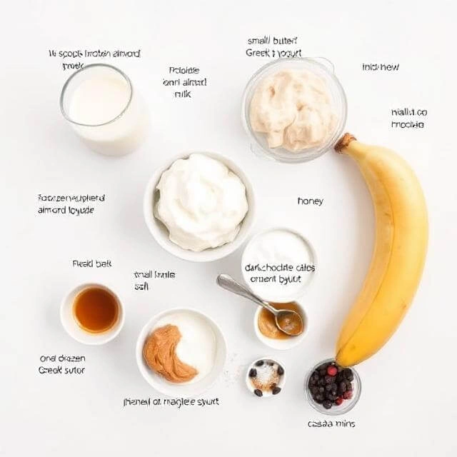 A collection of ingredients for homemade protein ice cream, including protein powder, bananas, milk, and optional mix-ins.