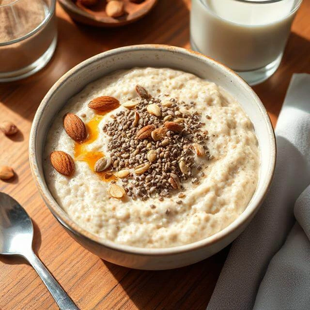 Instant oats topped with protein powder and seeds for a nutritious meal.

