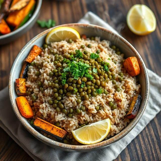 Hearty Lentil & Brown Rice Bowl with a mix of fresh ingredients.