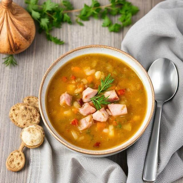 A warm bowl of lentil soup with chunks of ham, carrots, and celery, garnished with fresh herbs.