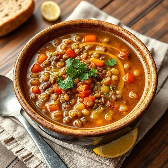 Bowl of hearty lentil soup with carrots, celery, and herbs, served with a slice of crusty bread