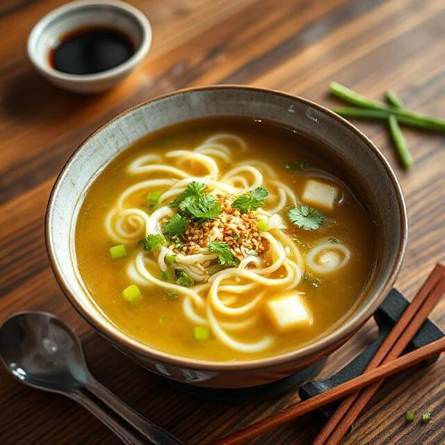 A warm bowl of Miso Egg Drop Soup with delicate egg ribbons floating in a savory miso broth, garnished with scallions.