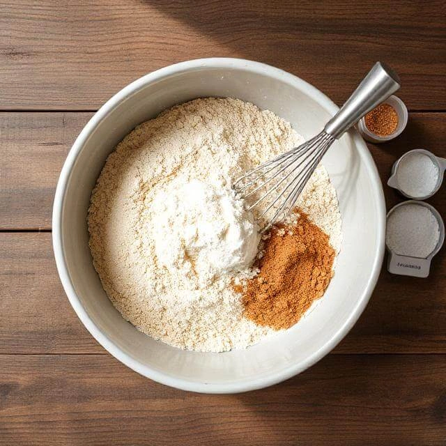 A bowl of dry ingredients like protein powder, oats, and baking powder being whisked together for high-protein waffles.