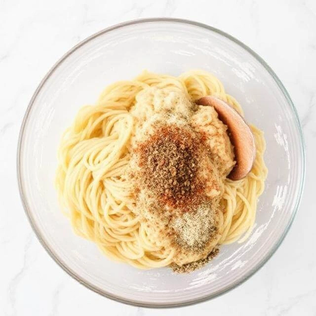 Sautéed sardine and spinach mixture being mixed with pasta in a skillet, seasoned with salt and pepper.


