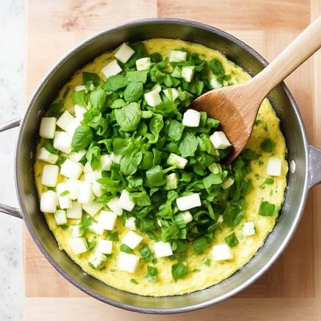 Egg mixture being poured over sautéed zucchini and basil in a skillet, topped with mozzarella.

