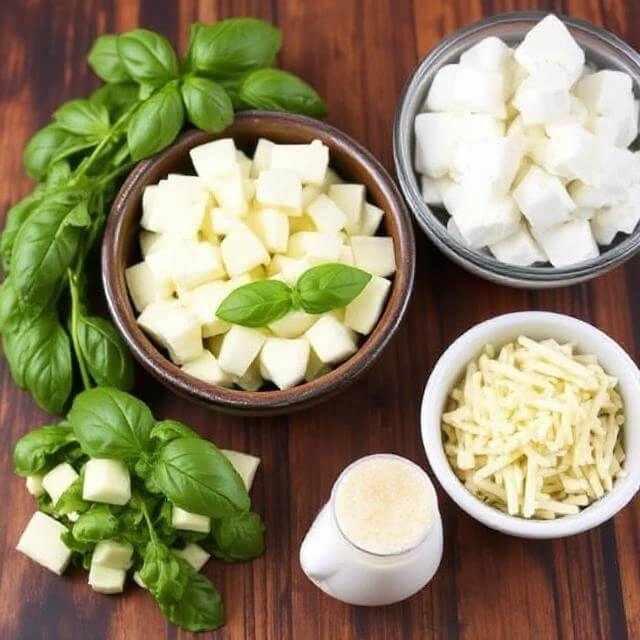Zucchini slices and fresh basil sautéing in olive oil in a skillet.