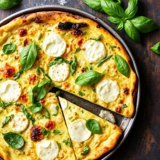 Mozzarella, basil, and zucchini frittata cooling in a skillet, ready to be sliced and served