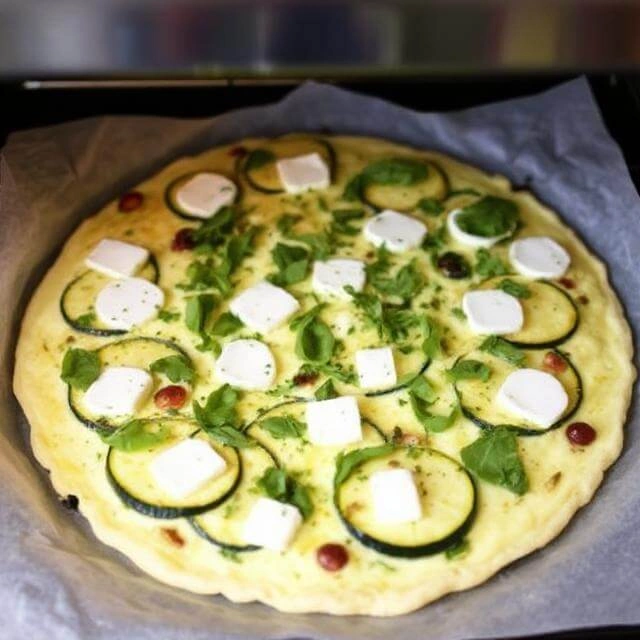 Frittata mixture with sautéed zucchini and basil being transferred into an oven-safe skillet for baking.