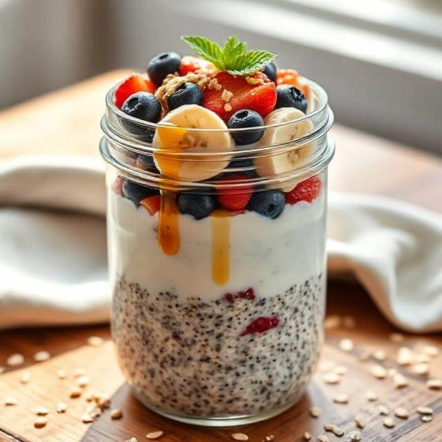 A jar of creamy overnight oats layered with Greek yogurt and topped with fresh berries and a drizzle of honey
