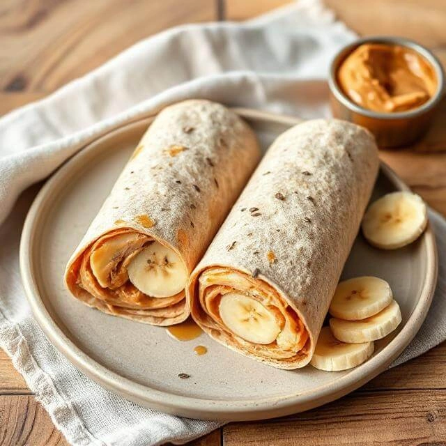 Delicious Peanut Butter & Banana Wrap rolled up for a quick snack