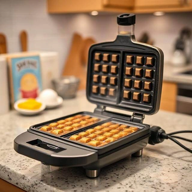 ouring the waffle batter onto a preheated waffle iron to cook.