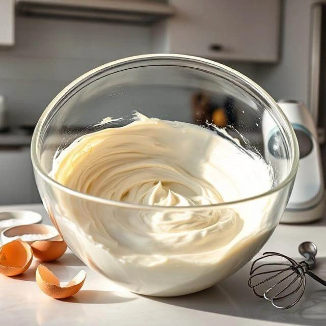 A mixing bowl with smooth blended cottage cheese, eggs, sweetener, vanilla, and lemon zest.

