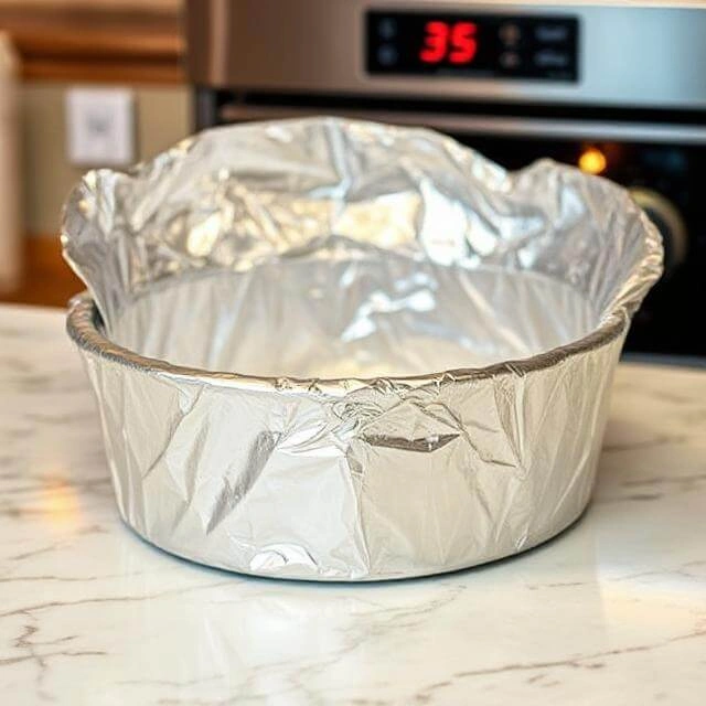 A baking dish lined with parchment paper and lightly greased, ready for the cheesecake mixture.