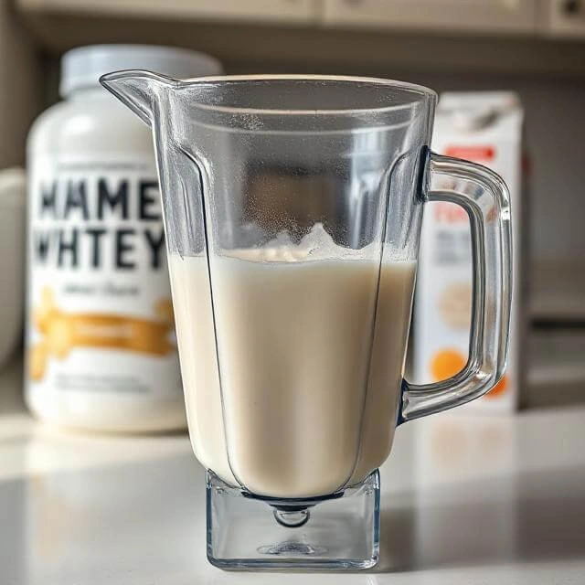 Blender filled with cottage cheese, protein powder, and milk, ready to be blended into a creamy base