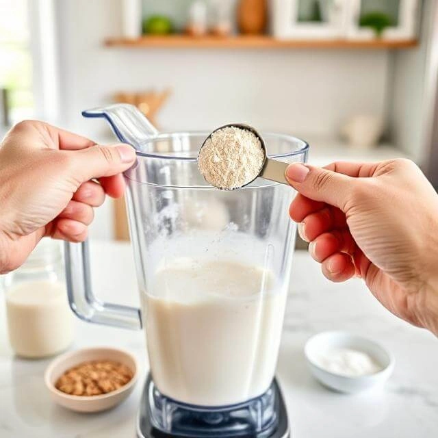 Ingredients like Greek yogurt, protein powder, and milk being blended in a mixing bowl for Ninja Creami protein ice cream