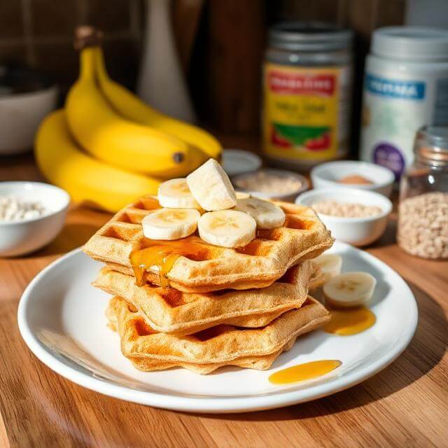 Ripe bananas, oats, eggs, and a scoop of protein powder arranged neatly on a kitchen counter.