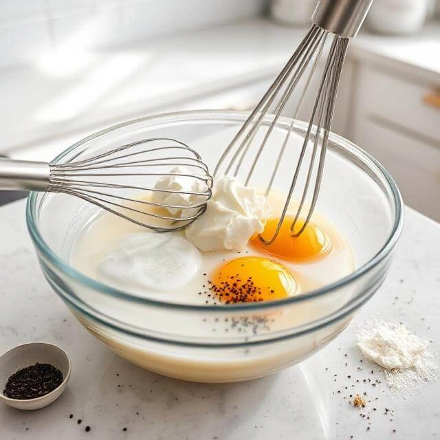 Whisked eggs with chopped veggies and cottage cheese in a mixing bowl.