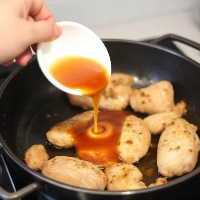 Small saucepan with Korean sauce ingredients like gochujang, soy sauce, garlic, and honey simmering together.
