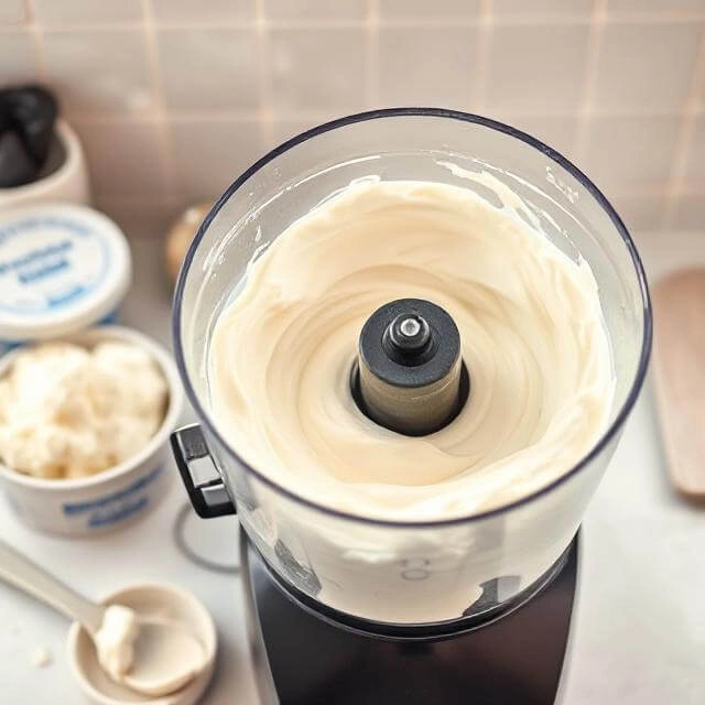 Blended cottage cheese in a food processor, smooth and creamy in texture.

