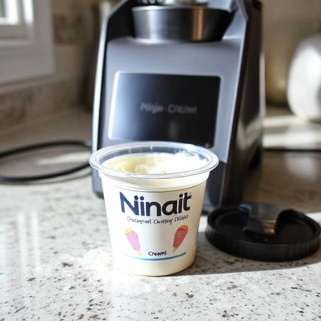 Ninja Creami machine in action processing high-protein ice cream base into a creamy dessert.