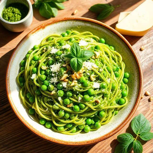 A vibrant bowl of protein pasta tossed with green pesto, sweet peas, and garnished with fresh herbs.