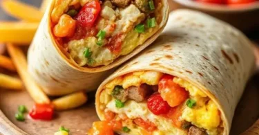 Quick High-Protein Breakfast Burrito On A Budget. Budget-friendly breakfast burrito filled with scrambled eggs, beans, and chopped vegetables wrapped in a tortilla.