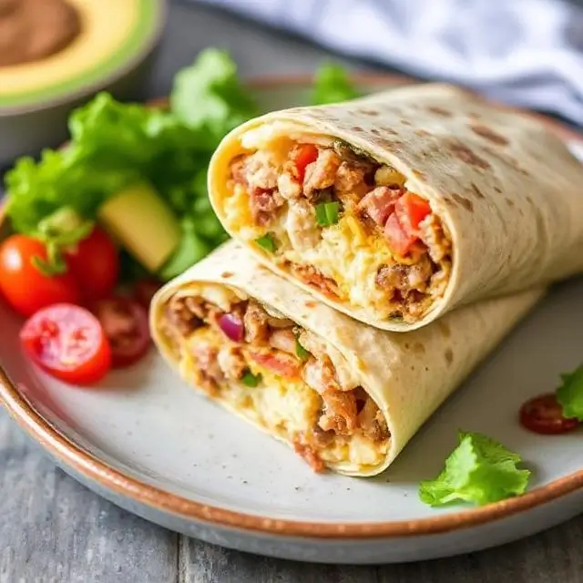 Quick High-Protein Breakfast Burrito. A sliced breakfast burrito filled with scrambled eggs, beans, and veggies on a plate.