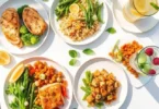A colorful summer dinner plate with grilled chicken, quinoa salad, and fresh vegetables arranged outdoors.