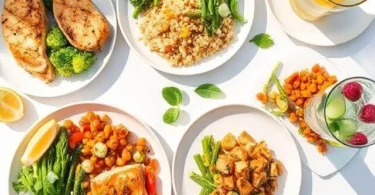 A colorful summer dinner plate with grilled chicken, quinoa salad, and fresh vegetables arranged outdoors.