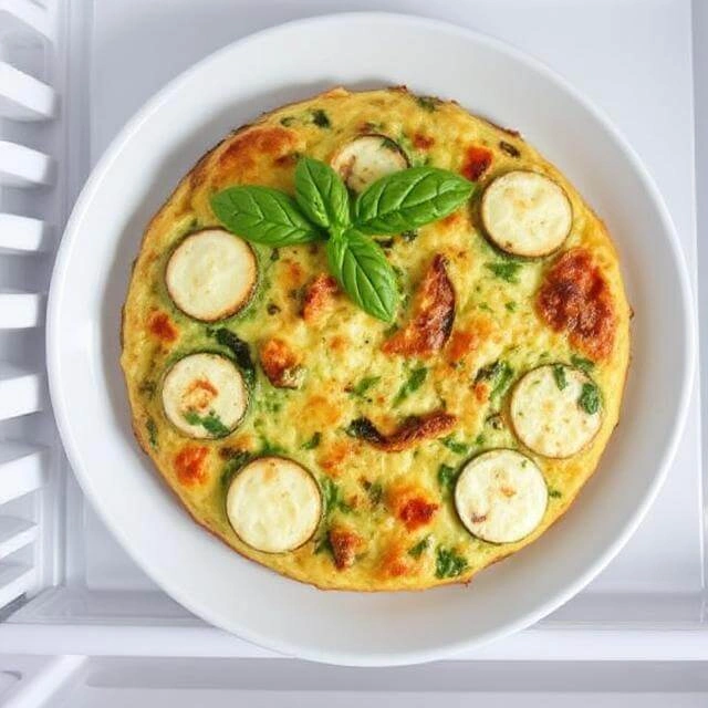 Mozzarella, basil, and zucchini frittata stored in an airtight container in the refrigerator