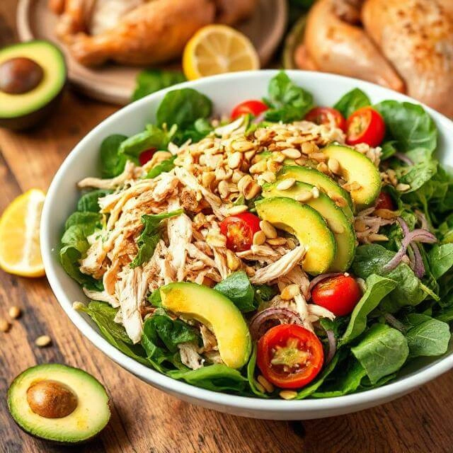 Quick High Protein Summer Dinners for Weight Loss, A vibrant salad bowl with shredded rotisserie chicken, sliced avocado, cherry tomatoes, and leafy greens.
