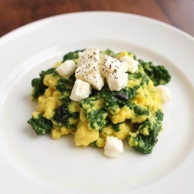 Scrambled eggs with sautéed spinach and crumbled feta served on a plate