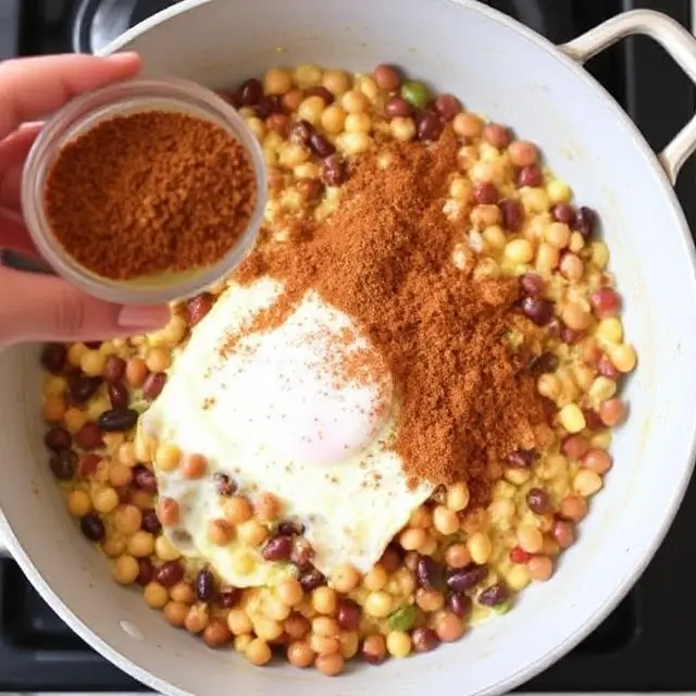 Cumin and chili powder being sprinkled over a pan with eggs and beans.