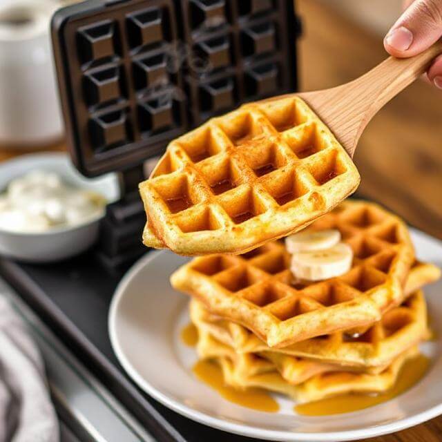 Freshly cooked banana waffles served with a drizzle of syrup and fruit on top.