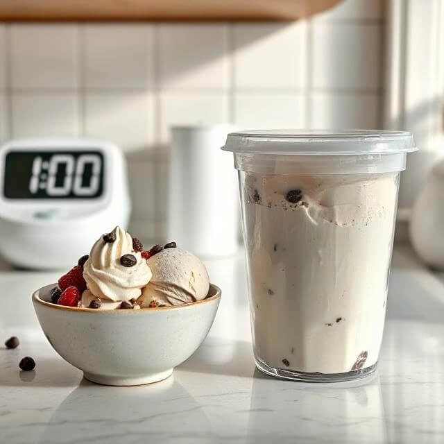 Quick Vegan Protein Ice Cream - A bowl of vegan protein ice cream ready to be served, topped with fresh berries and nuts.