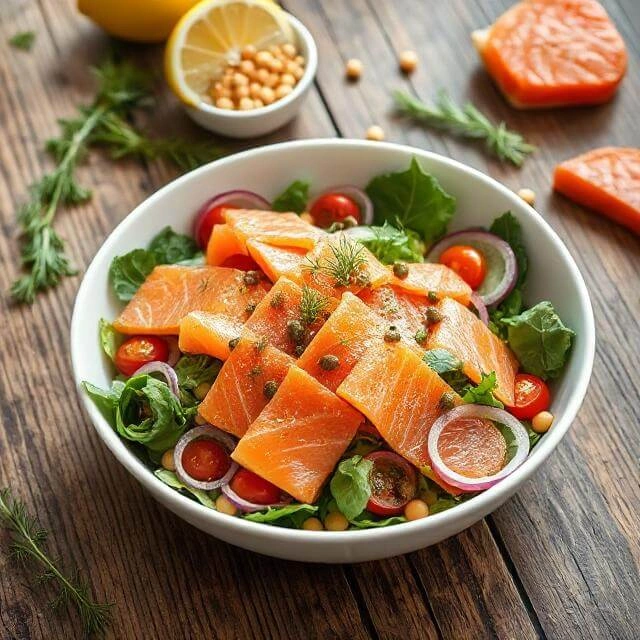 A colorful salad plate featuring slices of smoked salmon, chickpeas, mixed greens, cucumber, and red onion.