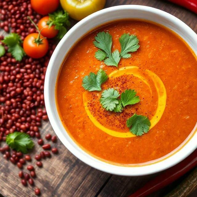 A chilled bowl of vibrant orange-red spiced lentil gazpacho, garnished with diced cucumber, herbs, and a drizzle of olive oil.
