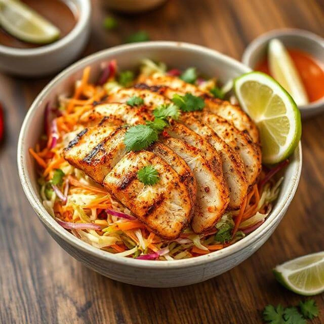 Spicy Chicken & Cabbage Slaw served in a bowl with vibrant colors.

