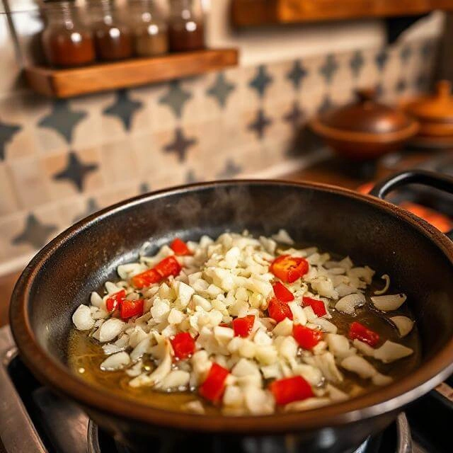 Moroccan tomato sauce simmering in a traditional tagine with garlic, herbs, and spices