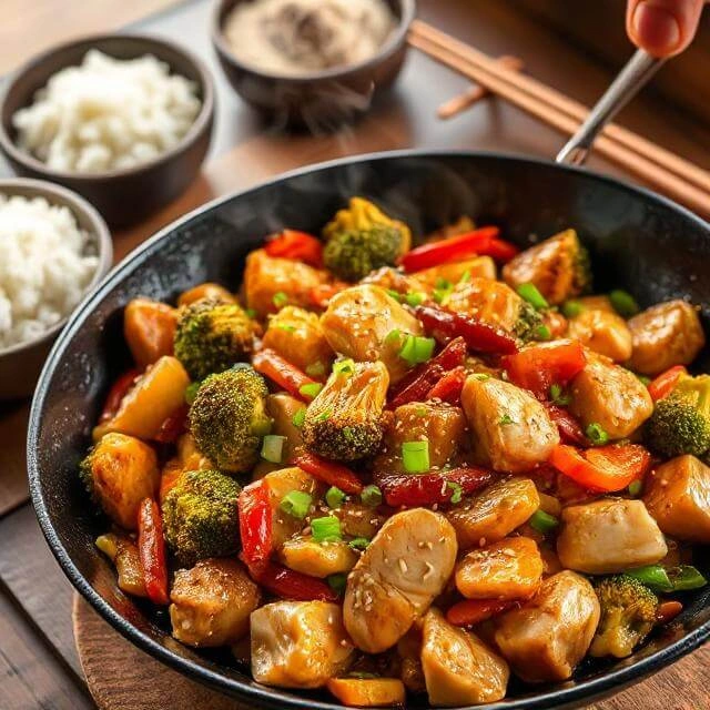 Stir-fried chicken with colorful vegetables like bell peppers, broccoli, and carrots in a savory sauce, served in a bowl.