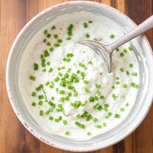 Bowl of homemade tzatziki being stirred with a spoon, surrounded by grated cucumber, garlic, and yogurt