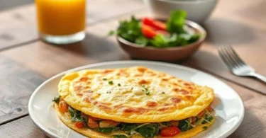 Golden, fluffy omelette stuffed with spinach, tomatoes, and cottage cheese, served hot on a breakfast plate.