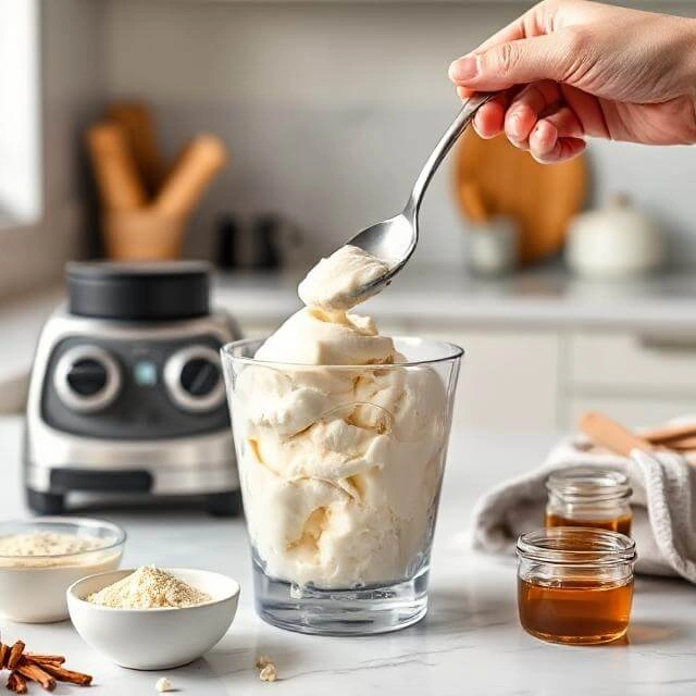Tasting the protein ice cream mixture and adjusting sweetness or flavor