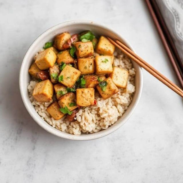 Tofu stir-fry with colorful vegetables like bell peppers, broccoli, and carrots, served over a bed of brown rice.