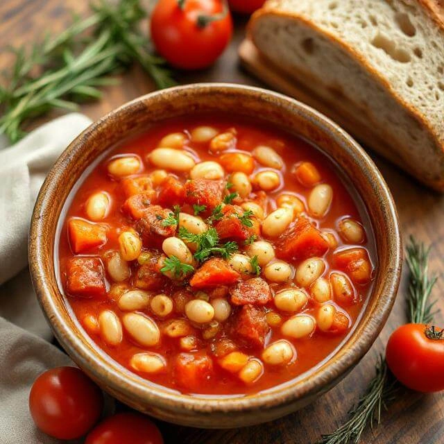 A hearty bowl of tomato white bean stew, filled with tender white beans, diced tomatoes, leafy greens, and herbs, served warm with a slice of crusty bread.