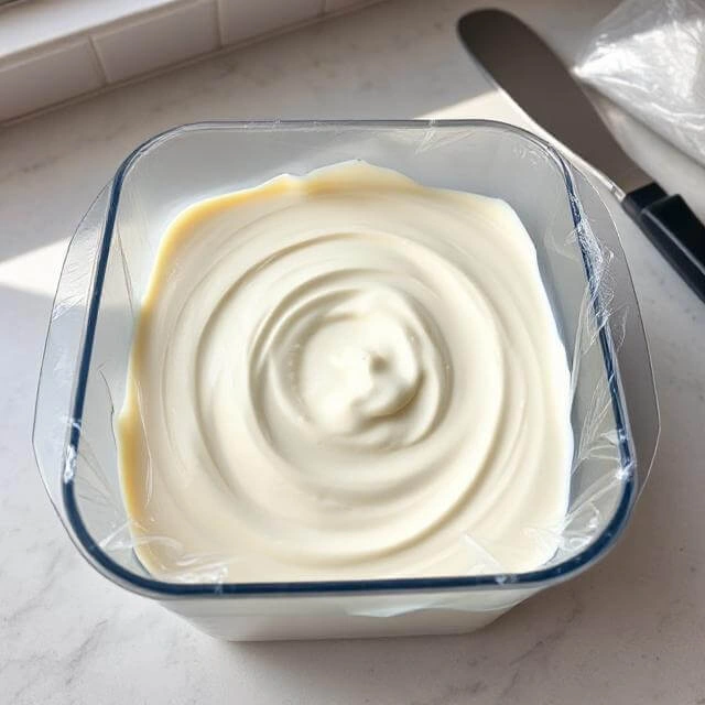 High-protein ice cream mixture being poured into a freezer-safe container