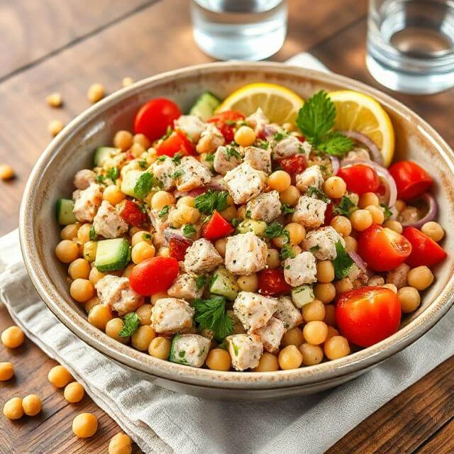 Healthy Tuna & Chickpea Salad with fresh ingredients.


