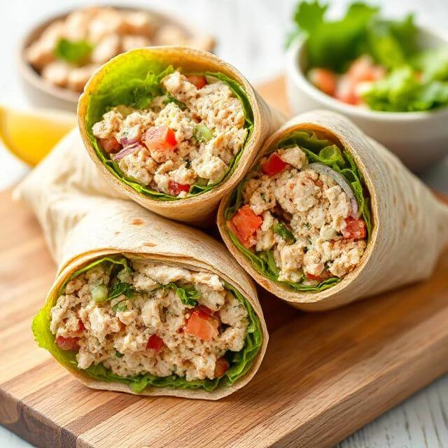 Tuna salad wraps filled with creamy tuna mix, lettuce, and shredded carrots, served on a whole wheat tortilla