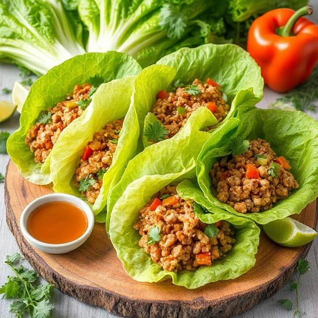 Fresh turkey lettuce wraps filled with seasoned ground turkey, shredded carrots, and herbs, served on crisp lettuce leaves and garnished with sesame seeds.