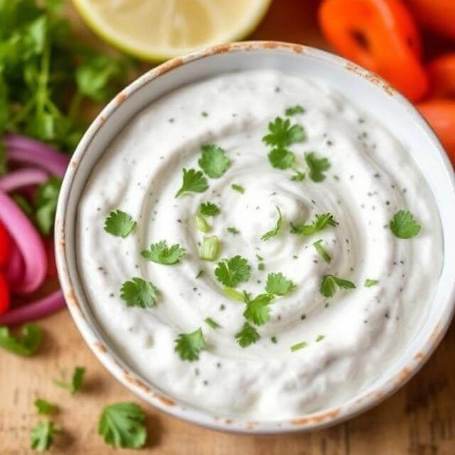 Bowl of creamy tzatziki sauce garnished with fresh dill and cucumber slices